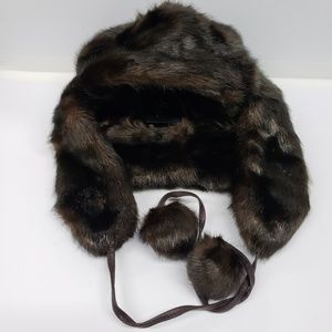 Womens Dark Brown  Faux Fur Quality Made Hat With Ear Flaps Ties And Pom Poms